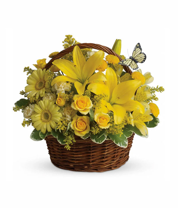 Basket of yellow flowers with butterfly