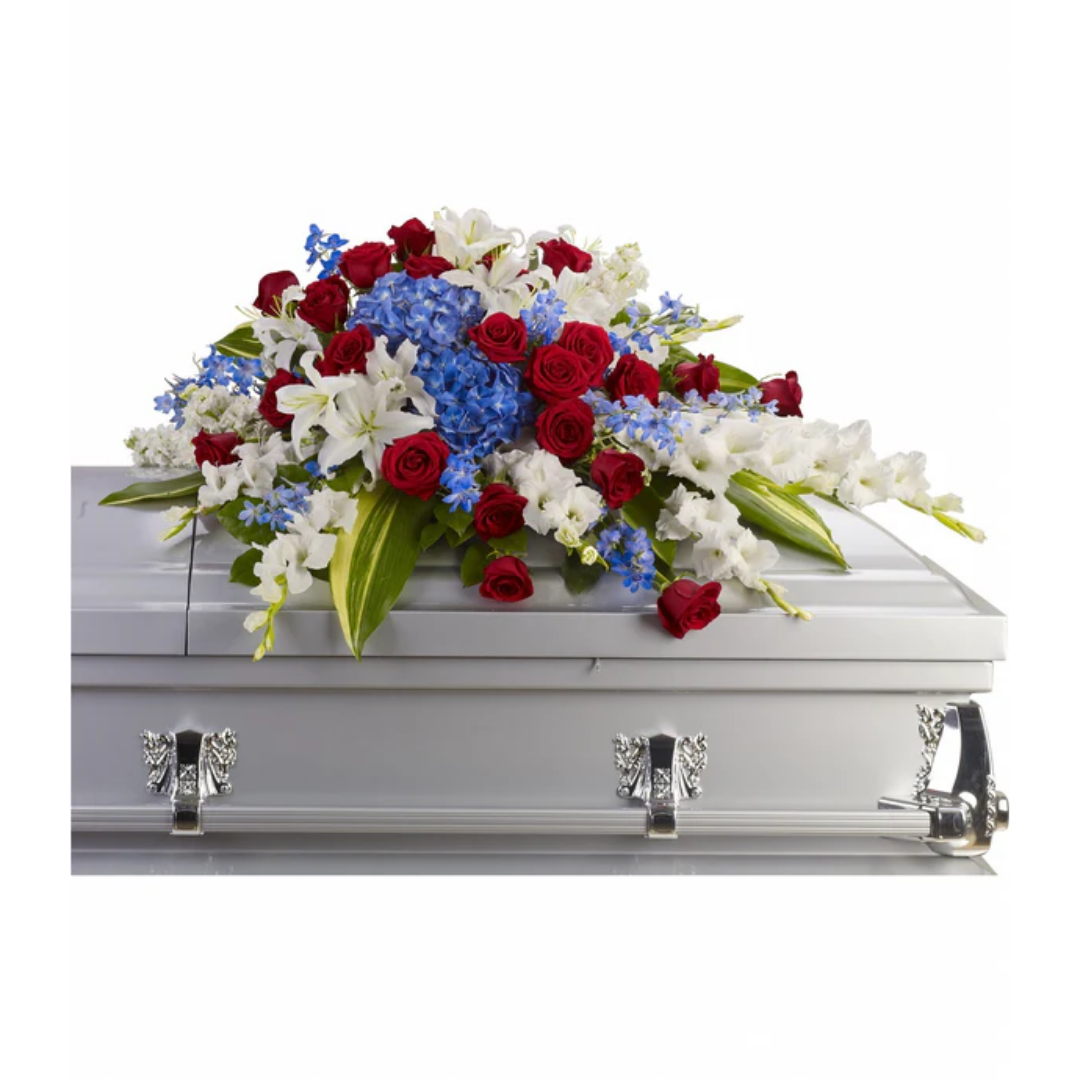 Red, white, and blue floral arrangement.