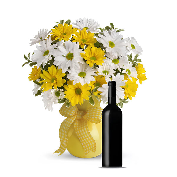 Coffret cadeau Sunshine Daises et vin rouge