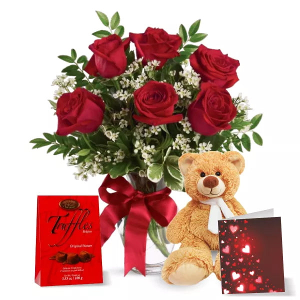 flowers truffles and plush bear