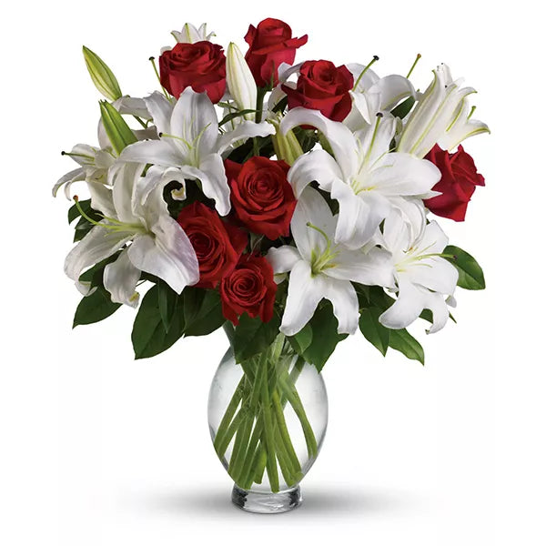 Always and forever bouquet with red roses and white lilies.
