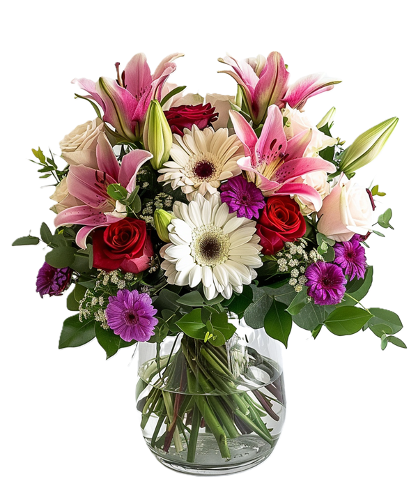 Cherry blossoms bouquet with lilies and roses