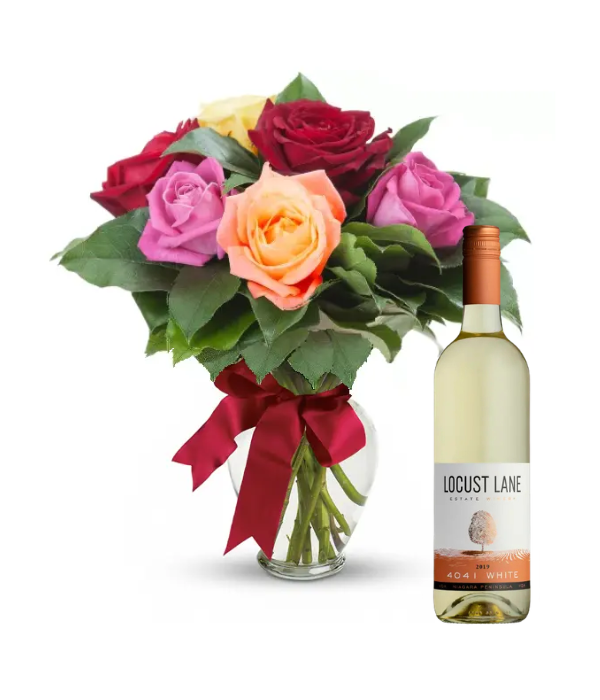 Coffret cadeau de roses d'été mélangées et de vin blanc