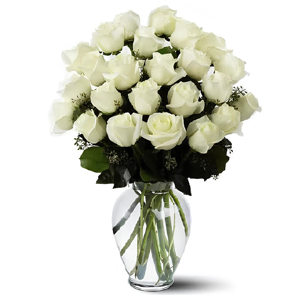 two dozen white roses in a vase